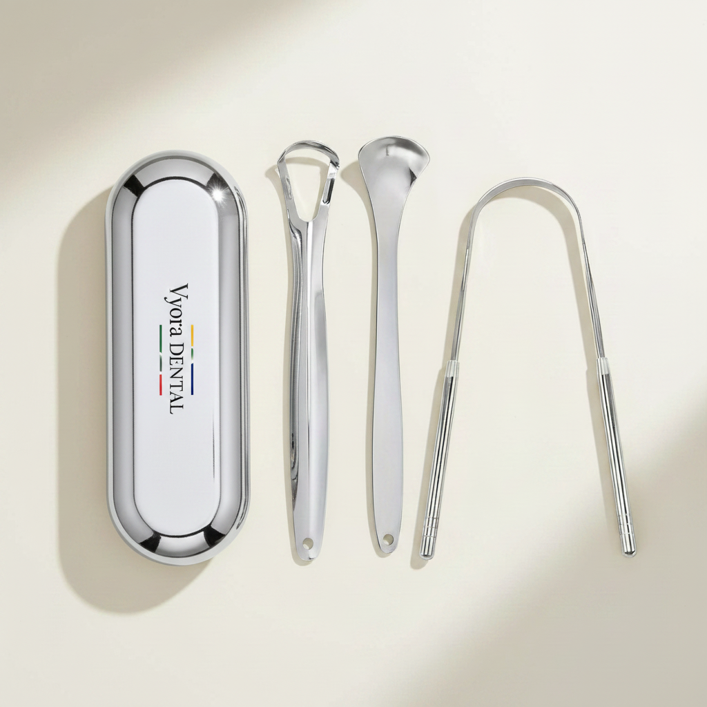 Vyora Tongue Scraper Kit - Flat Lay Silver